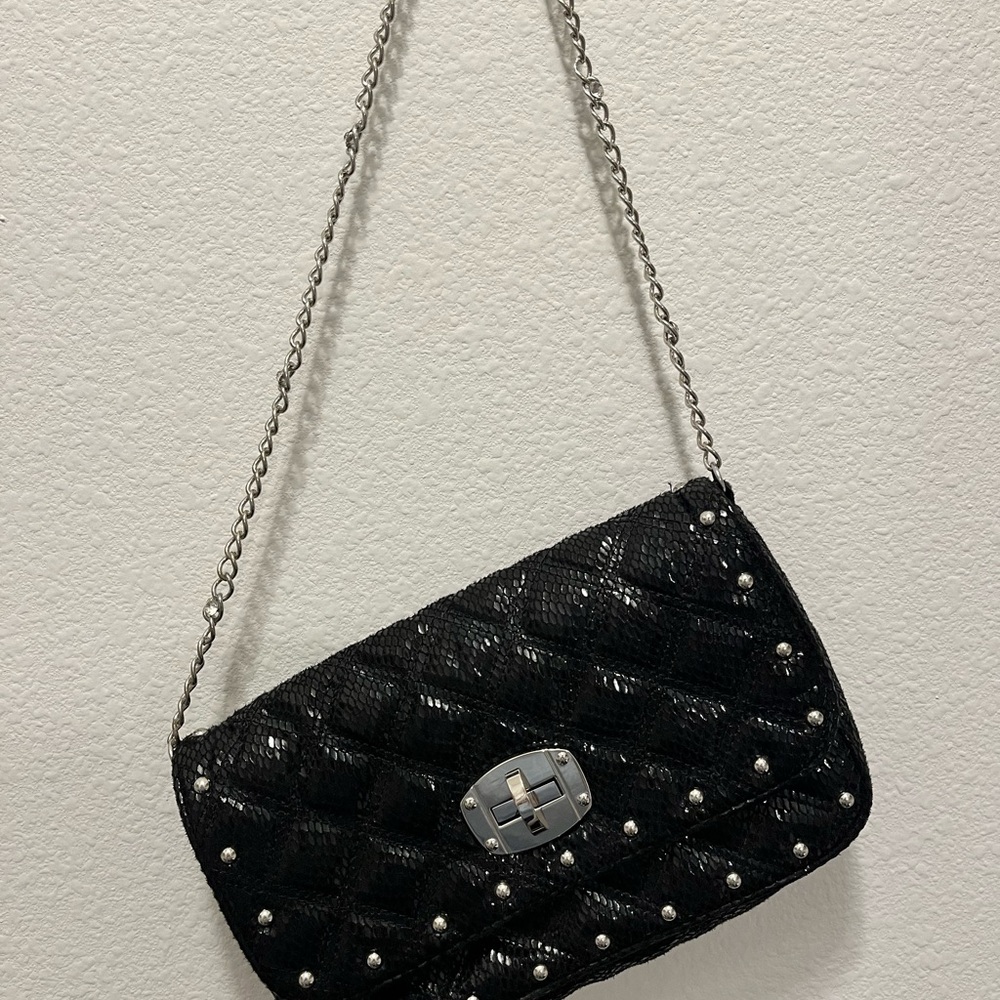 WHBM Studded Black Quilted Clutch/Bag w/Rhinestones - Picture 3 of 6